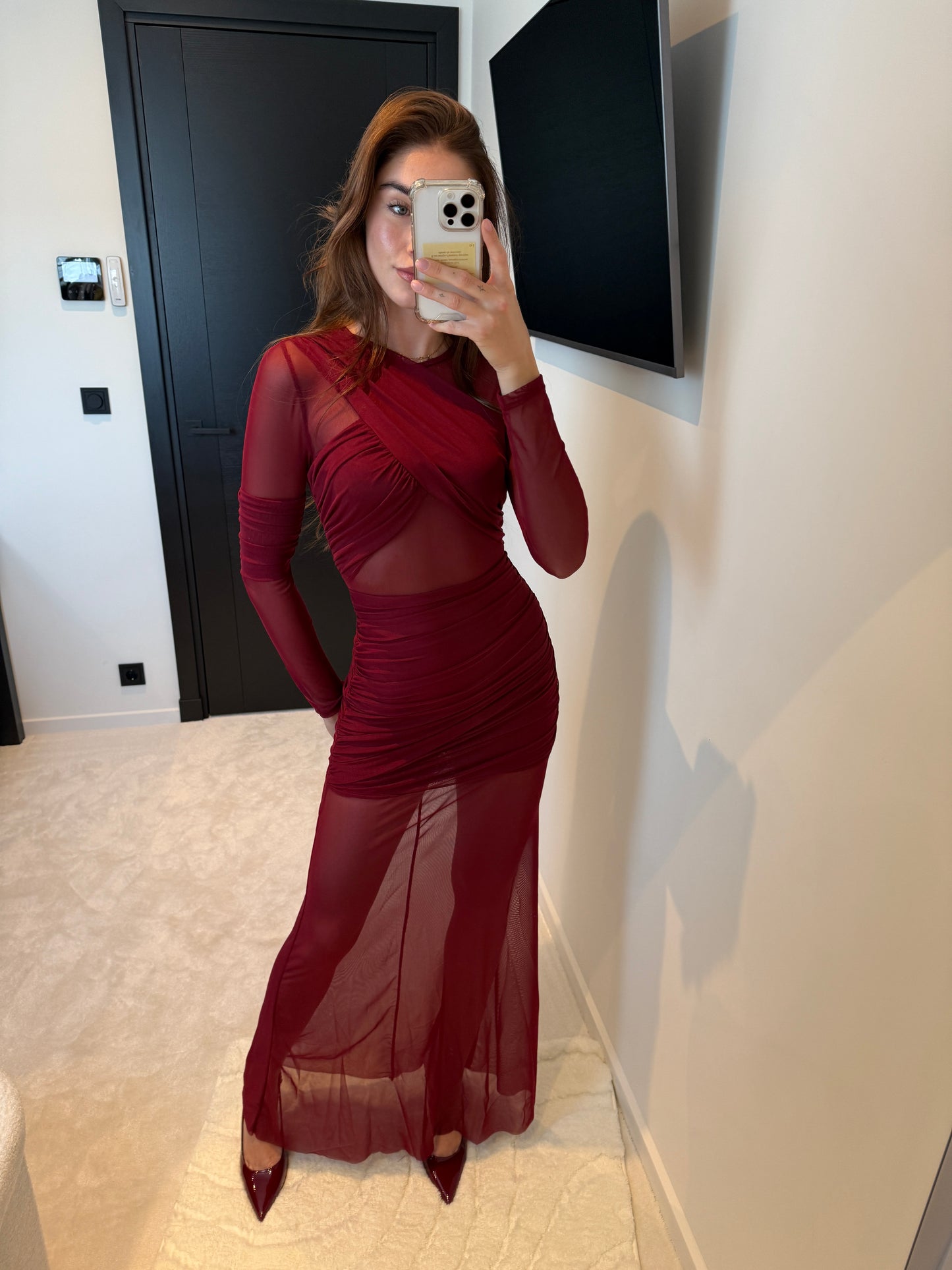 Mesh Overlay Dress Bordeaux