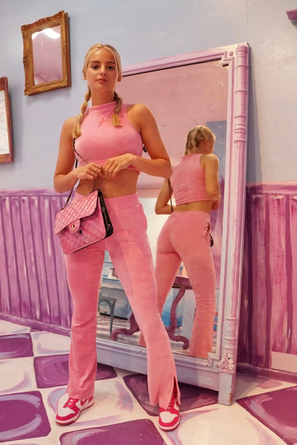 Crop top and flared pants pink